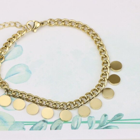 Chic Yellow Gold Bracelet with Round Disc Charms and Adjustable, XPBL0714 - Picture 3 of 12